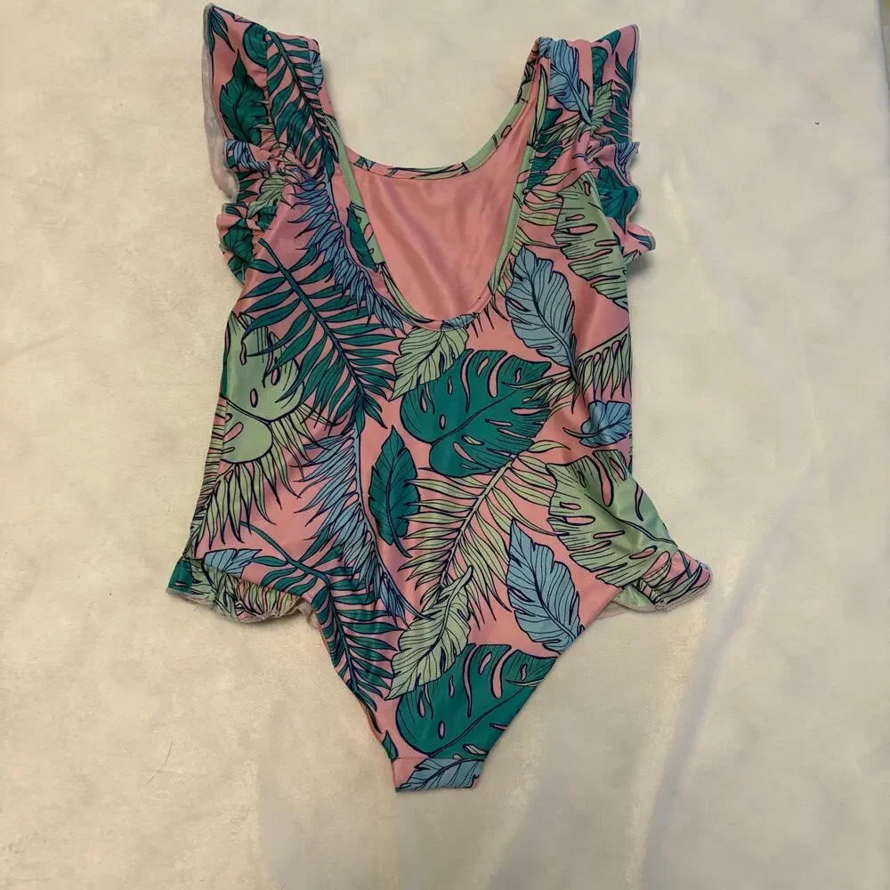 Boardies Apparel Pink Green Leafy Tropical One Piece Ruffle SZ 10-11 Scoop Neck